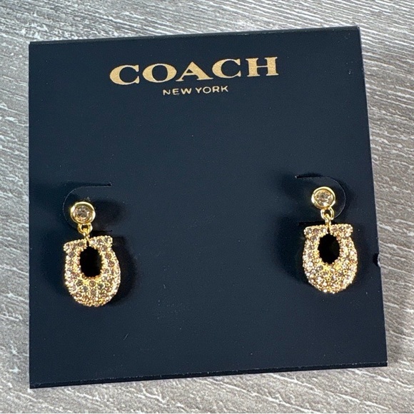 New Authentic Coach Signature Pavé Earrings Crystal Studs in Gold Tone Dust Bag - Picture 2 of 3